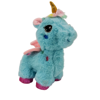 Türkises Plüsch-Einhorn mit goldfarbenem Horn, Flügeln und Glitzer-Hufen, ca. 20 cm